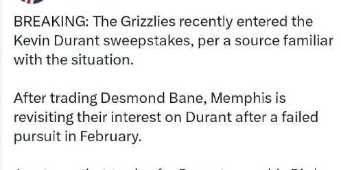 杜兰特争夺战进展：拒绝森林狼后新增灰熊加入 会联手莫兰特吗